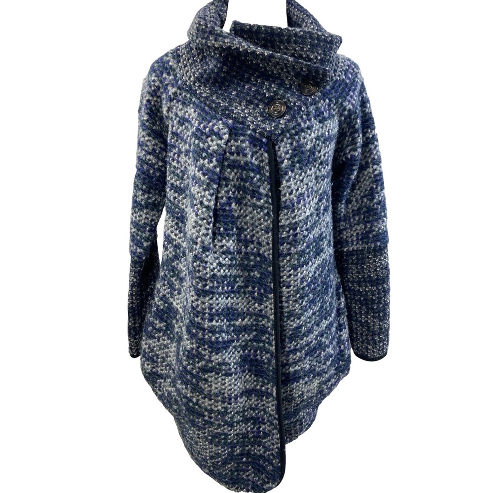 Wool Coat Womens Large Blue Gray Tweed Funnel Collar Asymmetrical Zip Italy